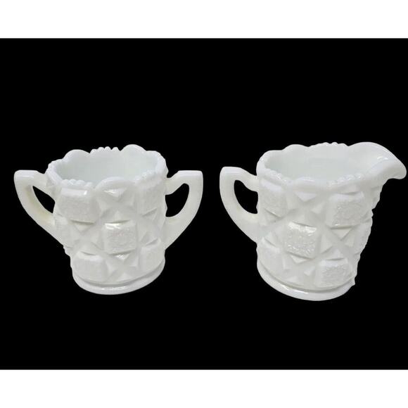 Milk Glass Cream Sugar Set Old Quilt Pattern White Vintage 1940s Westmoreland - Picture 1 of 13